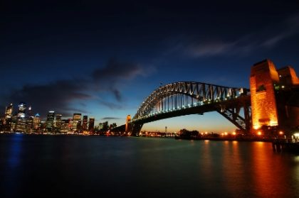 Sydney skyline and harbour bridge at dusk.